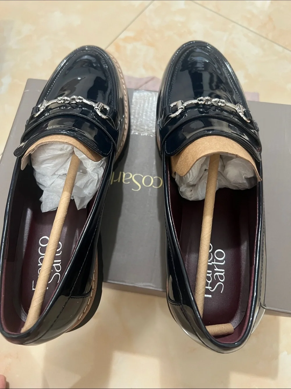 Franco Sarto Black Patent Leather Bit Loafers
